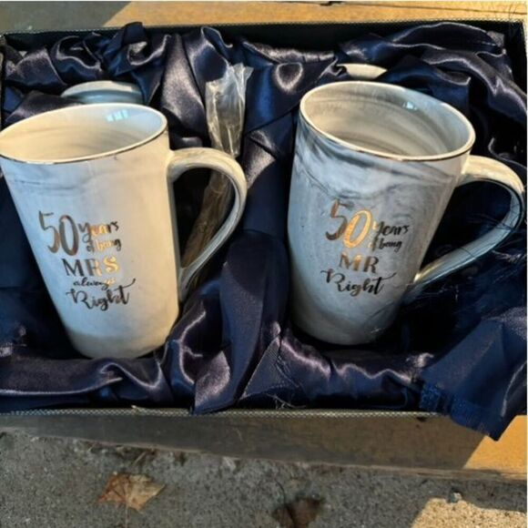 50th Wedding Anniversary Mrs. & Mr. Right Ceramic Mugs With Lids - Picture 2 of 4